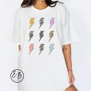NEW Womens Trendy Comfort Colors Oversized Lightning Bolt Graphic Tee Shirt
